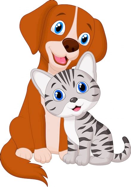 Dibujos Animados Lindo Gato Y Perro Comiendo Vector Vector Premium