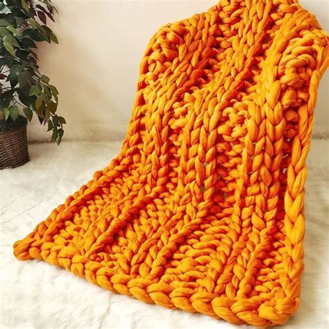Orange Merino Wool Throw Double Ribbing Pattern Chunky Yarn Braid