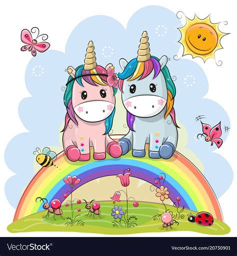 Two Cartoon Unicorns Are Sitting On The Rainbow Vector Image