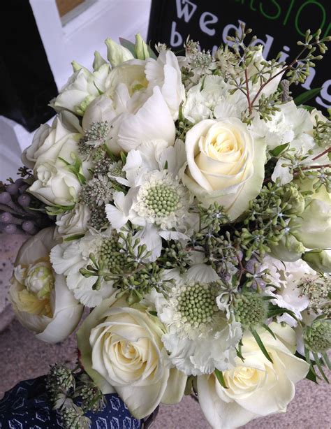 All White Hand Tied Bouquet Including Scabious Roses Peonies