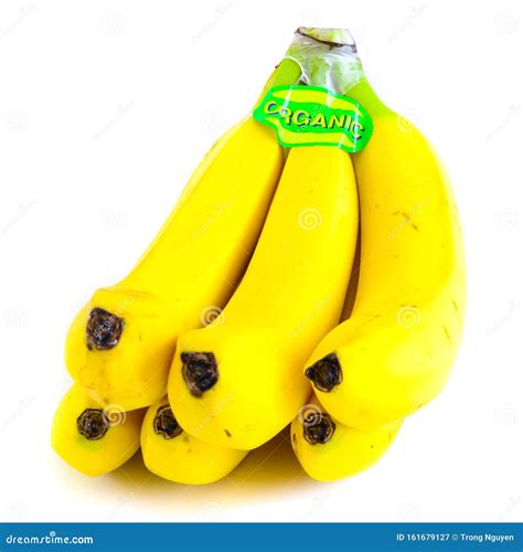 Studio Shot Organic Labeled Banana Cluster Isolated On White Stock