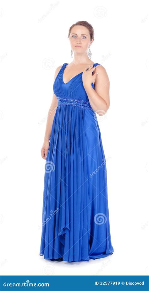 Full Lenght Portrait Of A Beautiful Young Woman In Blue Dress Stock