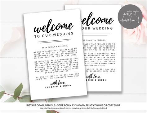 Wedding Welcome Letter Instant Download Welcome Note Hotel Welcome Bag