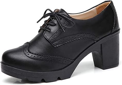 Dadawen Women S Leather Classic Lace Up Platform Chunky Mid Heel Square Toe Oxfords Dress Pump