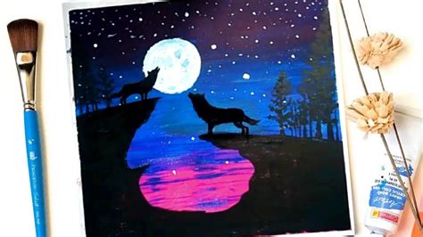 Night Wolf Easy And Simple Landscape Acrylic Painting On Mini Canvas