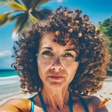 Detailed Selfie Of A Middle Aged Woman At The Beach