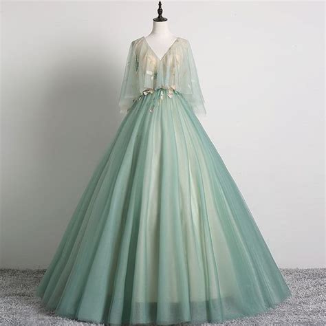 Elegant Sage Green Prom Dresses 2019 Ball Gown V Neck Lace Flower 12