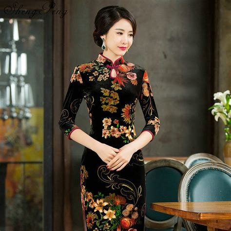 2018 Chinese Qipao Clothes Womens Satin Cheongsam Qipao Corduroy