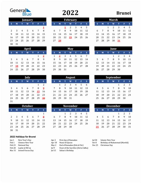 2022 Brunei Calendar With Holidays