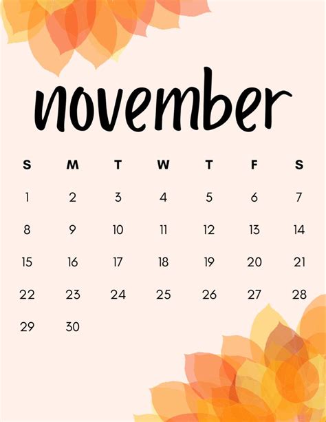 Fall Inspired Free Printable November Calendar November Calendar