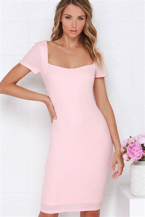 Lovely Blush Pink Dress Bodycon Dress Midi Dress 46 00 Lulus