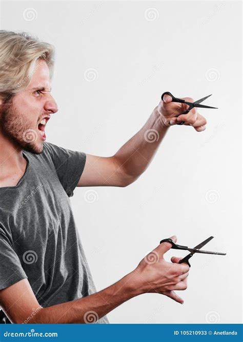 Man With Scissors For Haircutting Stock Image Image Of Hairstyle