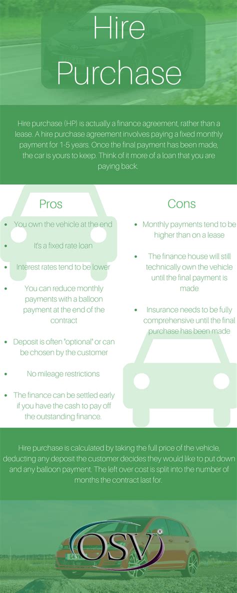 Some hire purchase agreements may give you extra contractual rights, for example, you may be able to return the goods for free after a certain amount of time. Infographics | OSV