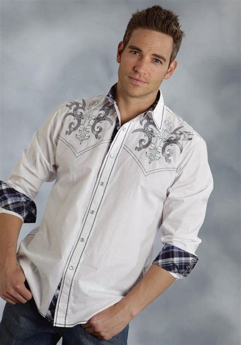 Roper Mens White Fancy Embroidered Long Sleeve Snap Western Shirt