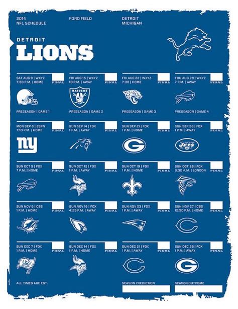 The 2020 detroit tigers spring schedule features three visits from the new york yankees (sunday, march 1, thursday, march 5 and tuesday, march 17) and two visits each from the philadelphia phillies (saturday, february 22 and friday, march 6) and toronto. Detroit Lions 2014 NFL Schedule | I Love Michigan | Pinterest | Photos, Lion and NFL