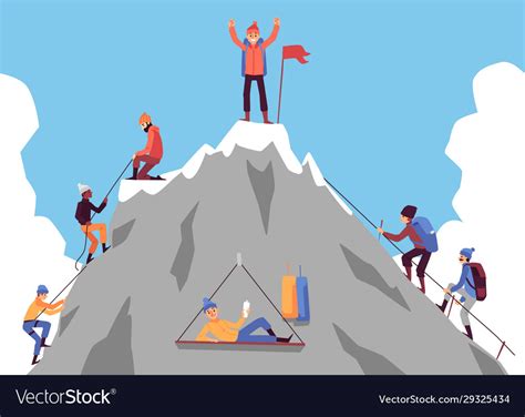 Cartoon People Climbing Mountain And Happy Man Vector Image