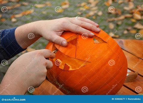 Hollowing Out A Pumpkin To Prepare Halloween Lantern Stock Image