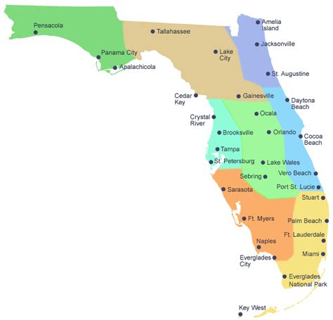 A Map Of The State Of Florida With All Its Major Cities And Their