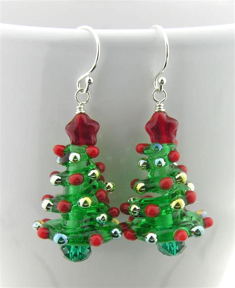 Christmas Tree Earrings Handmade Artisan With Red Gold Star Lampwork
