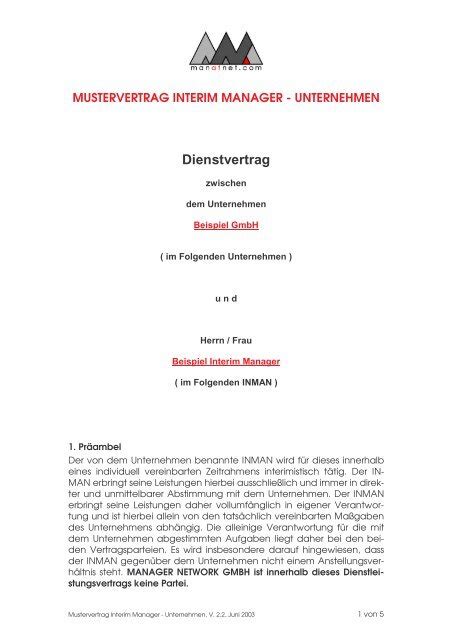 Schulmeister management consulting (finance, import). Muster-Vertrag: Interim Manager und UNTERNEHMEN - Manatnet