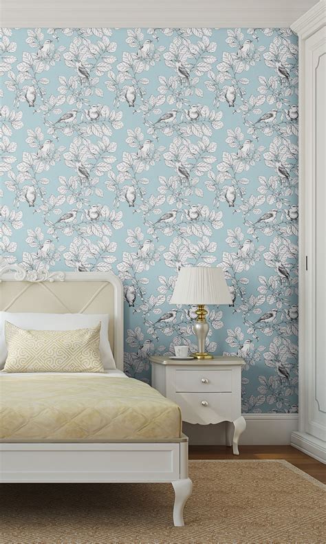 Blue Floral Animal Peel And Stick Removable Wallpaper 6380