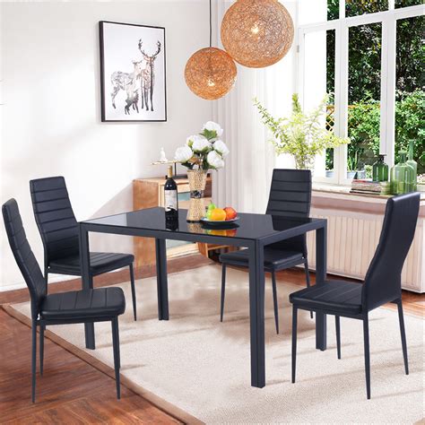 Giovani round black white gloss glass dining table set & 4 faux leather chairs. Costway 5 Piece Kitchen Dining Set Glass Metal Table and 4 ...