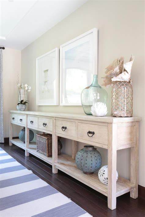 transitional coastal buffet table  neutral dining room
