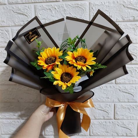 Jual Bouquet Bunga Matahari Palsu 3 Tangkai Bucket Buket Hadiah Ulang