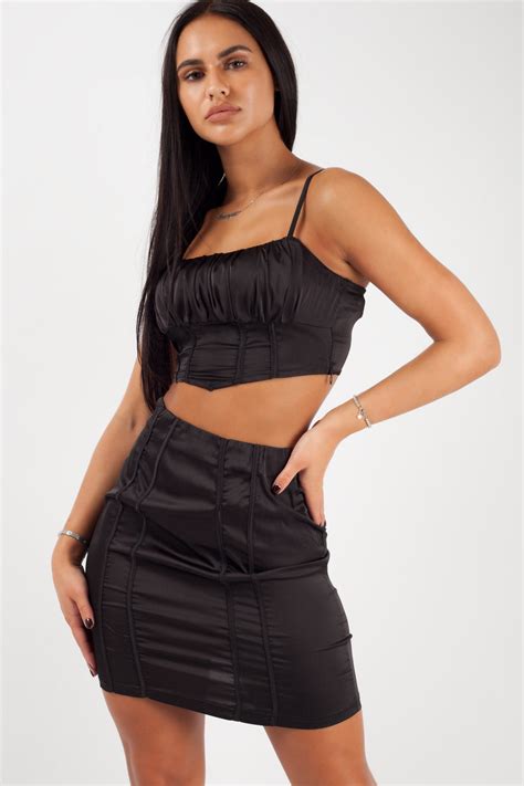Black Satin Crop Top Mini Skirt Co Ord Set Party Outfit Uk