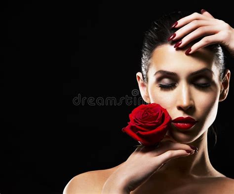 Romantic Woman Holding Red Rose On Black Background Stock Image Image
