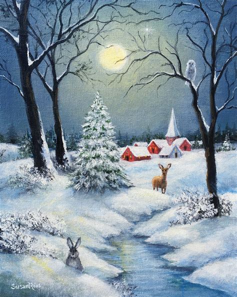 A Peaceful Snowy Night Art Print Christmas Art Winter Art Snow Scene