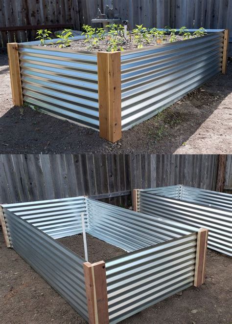 An Outdoor Raised Garden Bed Made Out Of Metal Sheets And Wood Planks