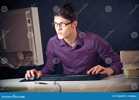 Nerd And His Computer Stock Image Image Of Glasses Germany 91484693