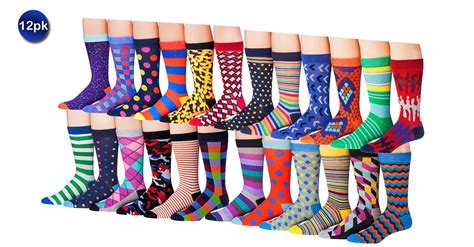 12 Pack Mens Colorful Funky Patterned Crew Cotton Blend Dress Socks