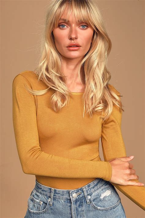 Graciously Yours Mustard Yellow Long Sleeve Scoop Back Bodysuit Scoop