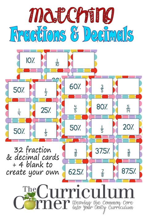Decimals And Fractions Matching Cards The Curriculum Corner 4 5 6