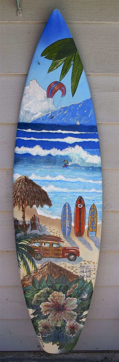 Upright Beach Scene Hand Painted Surfboard Mural By B Griffin