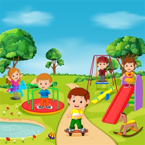 Niños Jugando Al Aire Libre En El Parque Vector Premium