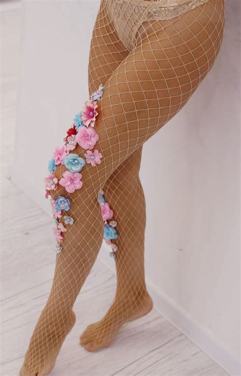 Fishnet Stockings Designer Fishnet Tights Floral Embellished Etsy