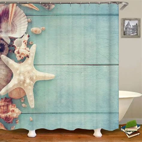Nautical Beach Shower Curtain Fabric Summer Conch Starfish Shell Design