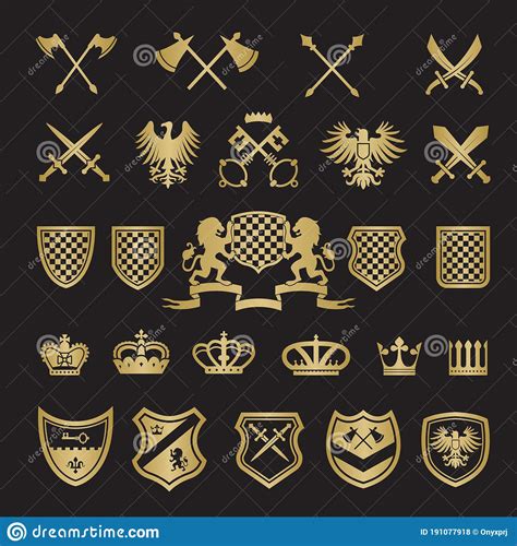 Heraldic Badges Medieval Stylized Shapes Swords Shields Crowns Lions