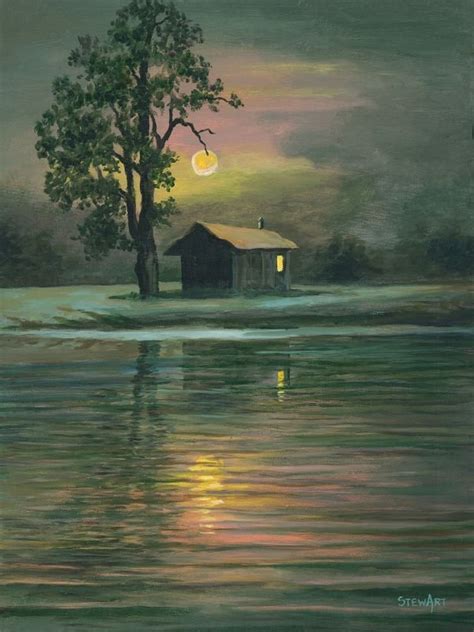 Cabin On Lake At Sunset Print — Bob Stewart Art