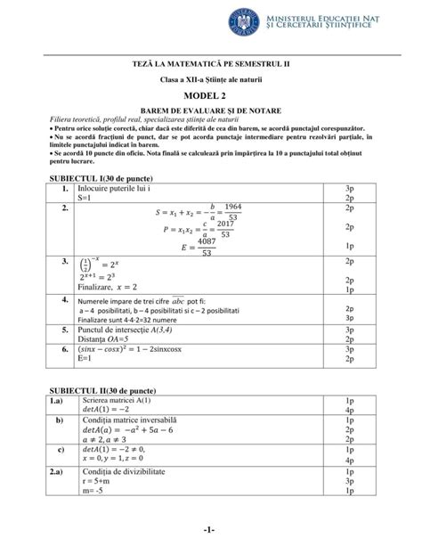 Clasa A 12 A Mstiinte Modele De Teza La Matematica Semestrul Al Ii Lea An Scolar 2018 2019