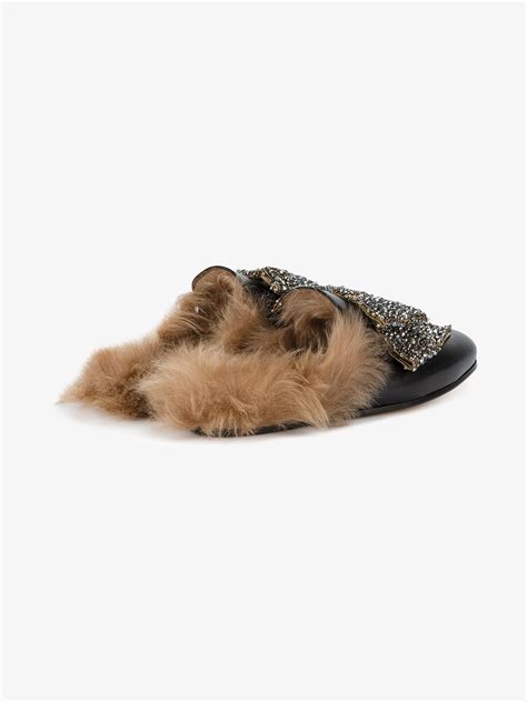 Gucci Princetown Shearling Lined Embellished Leather Slippers In Black