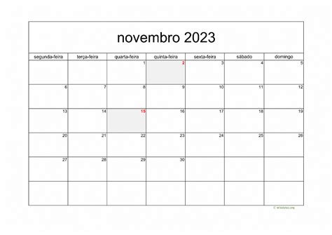 Calendário Novembro 2023