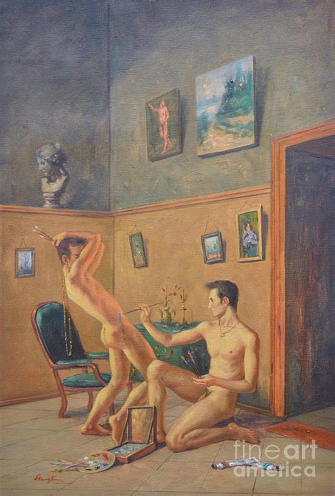 Original Oil Painting Gay Man Body Art Male Nude Lying On The Floor