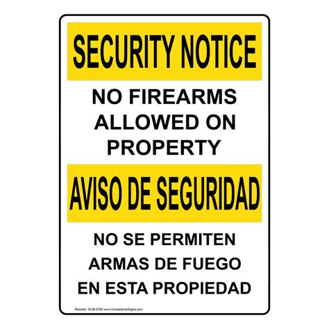 Vertical No Firearms On Property Bilingual Sign Osha Security Notice