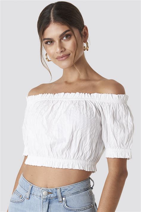 Off Shoulder Puffy Cropped Top White Na