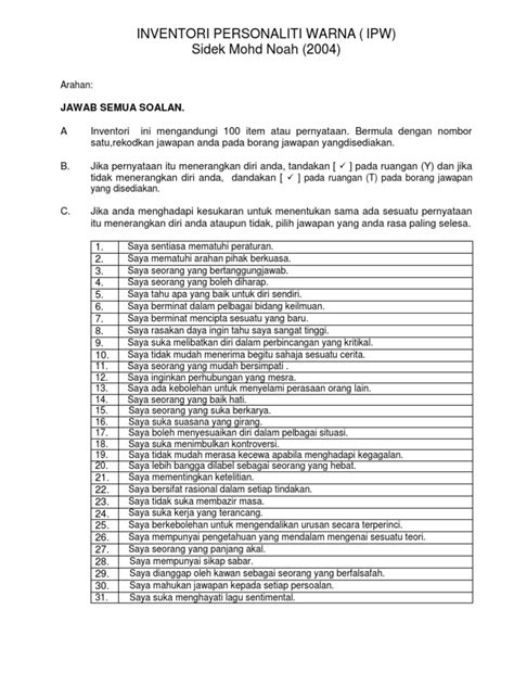 2 apakah ipw… • mengandungi 100 item (format 'ya' atau 'tidak') • respons individu : INVENTORI PERSONALITI WARNA PDF