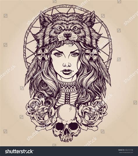Native American Girl With Wolf Headdress Lineart Wolf Tattoos Native